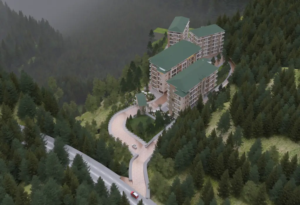 Aerial rendering of the development in pine forest